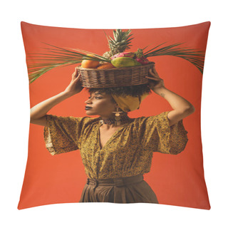 Personality  Serious Young African American Woman Holding Basket With Exotic Fruits On Head On Red Pillow Covers