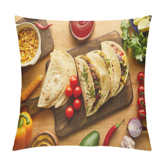 Personality  Top View Of Tacos With Meat And Fresh Ingredients On Wooden Table Pillow Covers