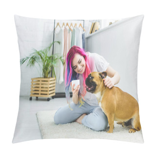 Personality  Attractive Girl With Colorful Hair Holding Cup Of Coffee, Sitting On Floor And Petting Cute Bulldog  Pillow Covers