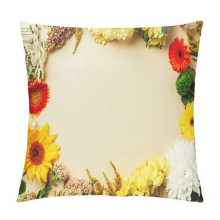Personality  Flat Lay With Various Beautiful Flowers Arrangement With Blank Space In Middle On Beige Background Pillow Covers