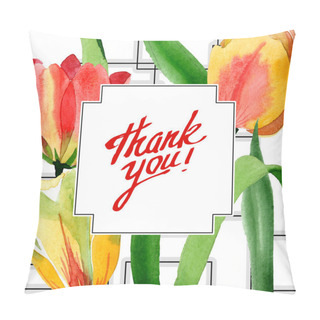 Personality  Beautiful Yellow Tulips With Green Leaves Isolated On White. Watercolor Background Illustration. Thank You Calligraphy. Pillow Covers