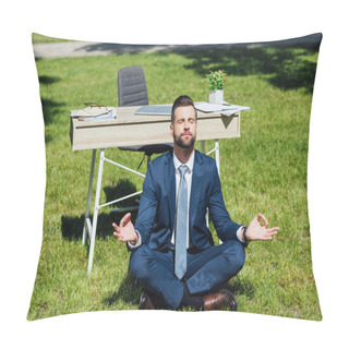 Personality  Businessman Sitting On Grass And Meditating Near Table In Park  Pillow Covers