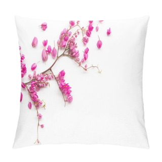 Personality  Colorful Pink Little Flowers Antigonon Leptopus Climber Local Flora Arrangement Flat Lay Postcard Style On Background White Wooden  Pillow Covers