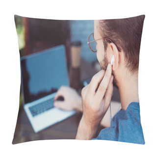 Personality  Side View Of Handsome Man Taking Part In Webinar With Laptop Pillow Covers