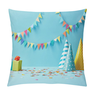 Personality  Party Hats, Confetti And Gifts On Blue Background With Colorful Bunting Pillow Covers