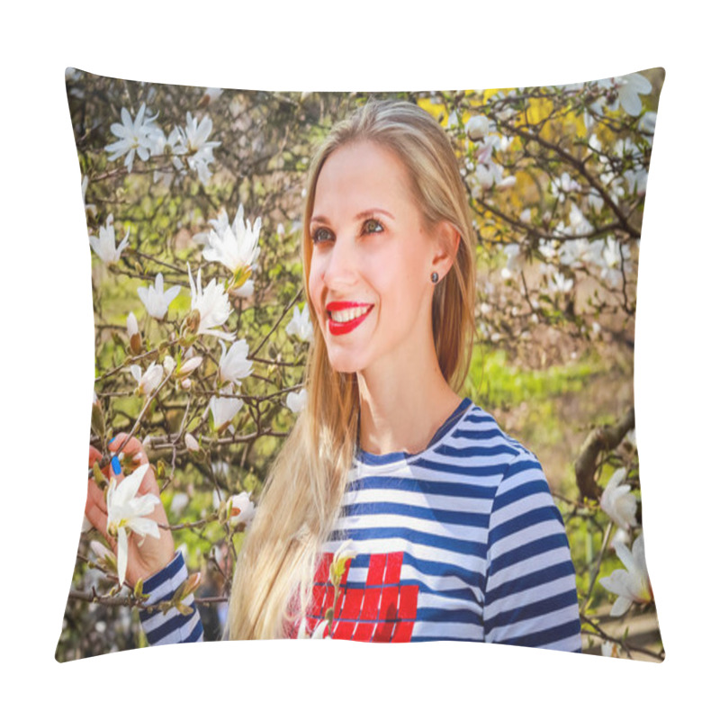 Personality  Young beautiful blonde woman in blooming garden. Magnolias blossom. pillow covers