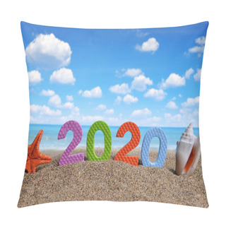 Personality  Number 2020 And Sea Shell With Starfish On The Sand Beach. Happy New Year And  Summer Holiday Concept. Pillow Covers