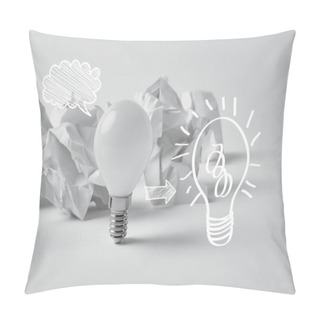 Personality  White Light Bulb With Drawn Light Bulb Sign On Background With Crumpled Papers Pillow Covers