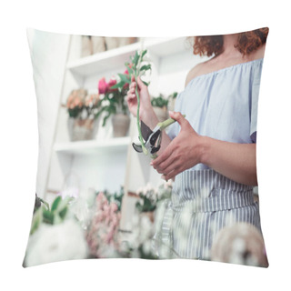 Personality  Skinny Good-looking Woman In Stylish Blouse Carrying Pruner Pillow Covers
