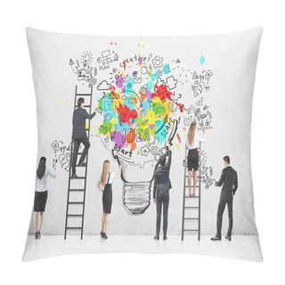 Personality  Rear View Of A Business People Standing On Ladders And Floor Near A Concrete Wall And Drawing A Colorful Creative Business Idea Sketch And A Light Bulb Pillow Covers