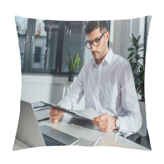 Personality  Professional Male Translator In Eyeglasses Working Online With Laptop Pillow Covers
