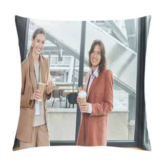 Personality  Elegant Colleagues In Business Casual Attires Smiling And Enjoying Coffee And Sandwiches, Coworking Pillow Covers