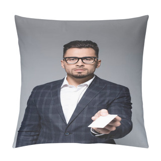 Personality  Businessman In Glasses And Blazer Offering Blank Card Isolated On Grey Pillow Covers