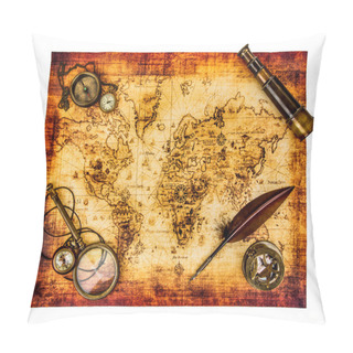 Personality  Vintage Still Life. Ancient World Map Isolated On White. Pillow Covers
