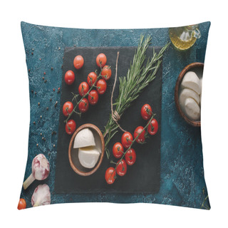 Personality  Mozzarella And Red Tomatoes On Dark Slate Board With Rosemary Pillow Covers