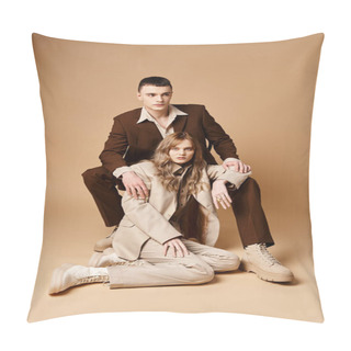 Personality  Appealing Young Woman In Pastel Suit Looking At Camera Sitting Next To Her Handsome Boyfriend Pillow Covers