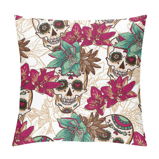 Personality  Skull, Hearts And Flowers Seamless Background Pillow Covers