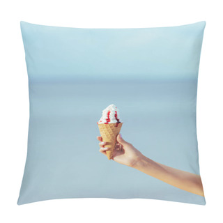 Personality  Cropped View Of Female Hand With Sweet Ice Cream In Waffle Cone Pillow Covers