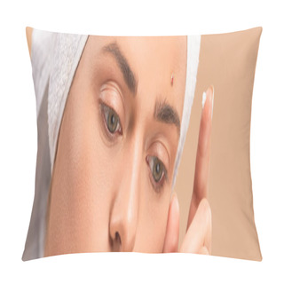 Personality  Panoramic Shot Of Girl With Treatment Cream On Finger Isolated On Beige  Pillow Covers
