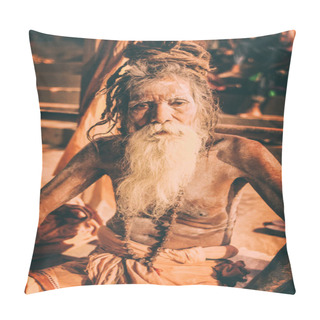Personality  Sadhu Man With Traditional Painted Face And Body In Varanasi, India Pillow Covers