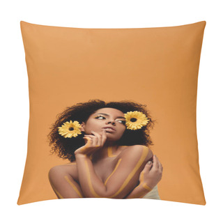 Personality  Young Sensual African American Woman With Artistic Make-up And Gerbera In Hair Isolated On Orange Background Pillow Covers