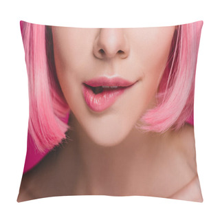 Personality  Cropped View Of Sensual Girl Biting Lip On Pink Pillow Covers