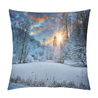 Personality  Sunset Over Winter Forest Lake Pillow Covers