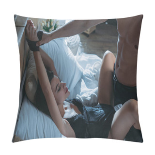 Personality  High Angle View Of Girlfriend With Tied Hands And Boyfriend Holding Her Hands In Apartment  Pillow Covers