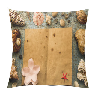 Personality  Seashells And Starfish On The Old Cracked Blue Background. The Empty Or Open An Old Book. Pillow Covers