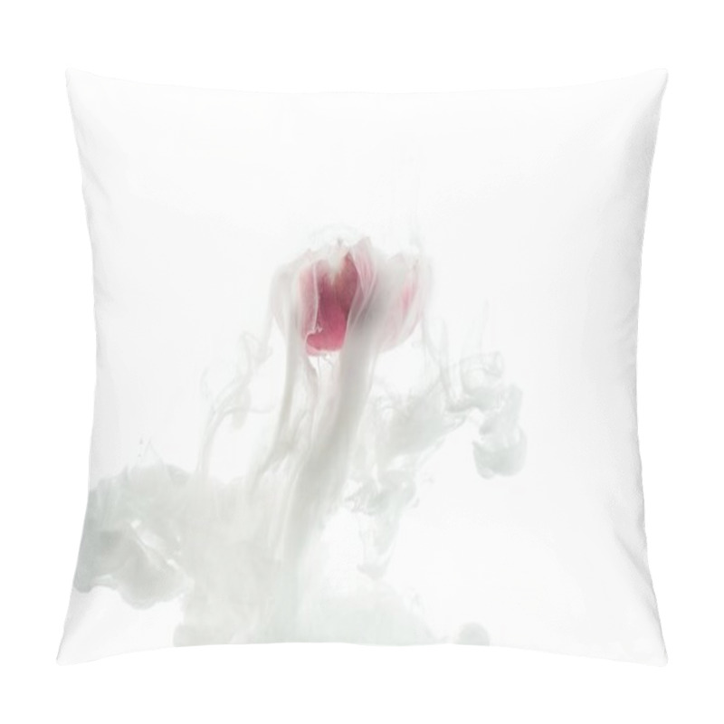 Personality  close up view of pink flower and white paint splash isolated on white pillow covers