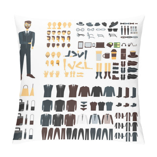 Personality  Businessman Character With Suits Set. Body Parts Collection, Stylish Clothes, Accessories, Faces. Front And Back Views Of Heads, Faces. Set Of Elegant Man Elements. Vector Illustration. Pillow Covers