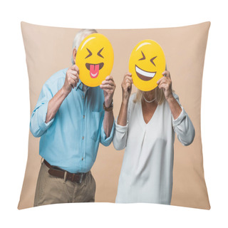 Personality  KYIV, UKRAINE - JUNE 14, 2019: Retired Couple Covering Faces With Yellow Happy Smileys Isolated On Beige  Pillow Covers