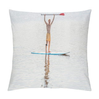 Personality  Full Length Of Overjoyed Redhead Man In Yellow Swim Shorts Holding Paddle In Raised Hands While Standing On Sup Board On Lake With Calm Water On Summer Weekend Day Pillow Covers