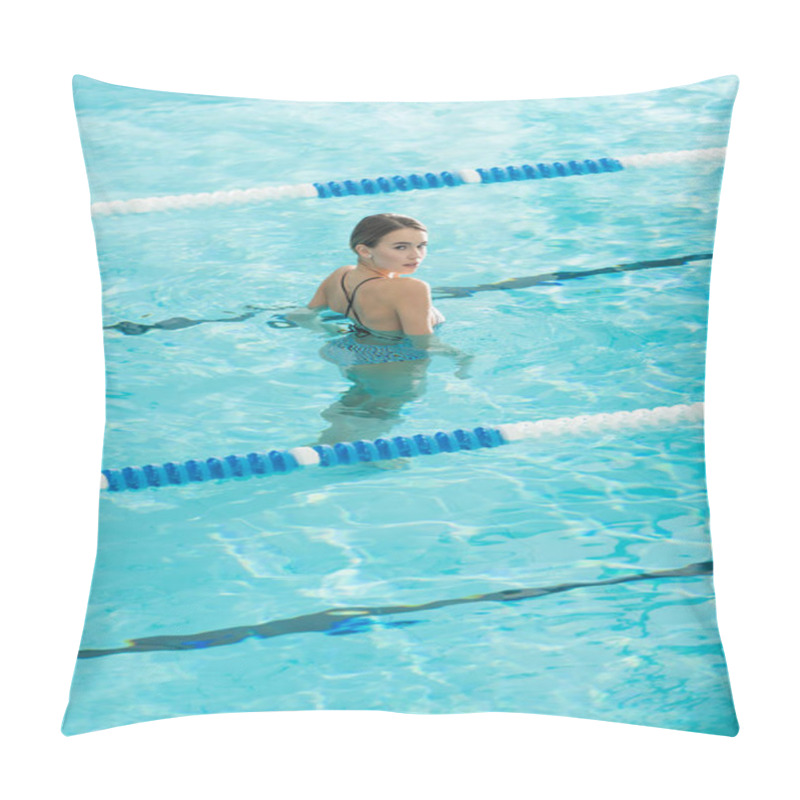 Personality  Back View Of Young Woman Looking At Camera In Swimming Pool  Pillow Covers