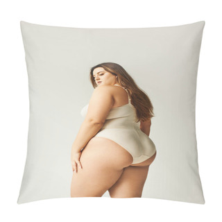 Personality  Brunette And Curvy Woman Wearing Beige Bodysuit And Standing Isolated On Grey Background, Self-confidence, Figure Type, Looking Down, Body Positivity Movement  Pillow Covers