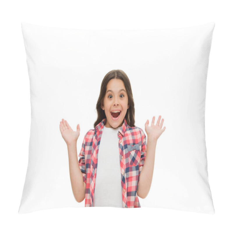 Personality  Girl With Open Mouth On Surprised Face Isolated On White. Little Child In Casual Style. Kid With Long Brunette Hair And Beauty Look. Funky Emotions. Surprise Pillow Covers