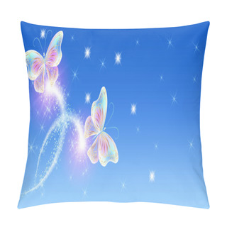 Personality  Flying Transparent Delightful Butterfly With Sparkle And Blazing Trail Flying In Night Sky Among Shiny Glowing Stars In Cosmic Space. Animal Protection Day Concept. Pillow Covers