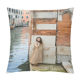 Personality  Pregnant Woman In Dress Holding String Bag Near River And Building In Venice  Pillow Covers