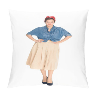Personality  Beautiful Size Plus Pin Up Woman Standing With Hands On Waist And Looking At Camera Isolated On White  Pillow Covers