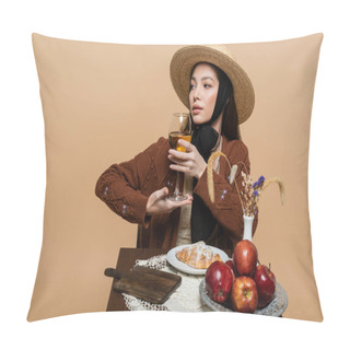 Personality  Young Stylish Woman Posing With Glass Of Wine Near Food On Table Isolated On Beige  Pillow Covers