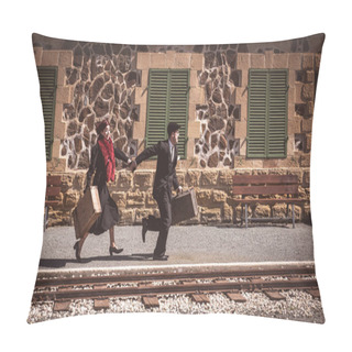 Personality  Young Couple With Vintage Suitcase Running Fast Outside A Train Station To Catch The Last Train For Journey. Pillow Covers