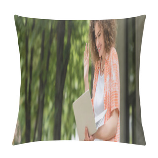 Personality  Cheerful Woman Smiling While Waving Hand During Video Call On Laptop In Green Park, Banner  Pillow Covers