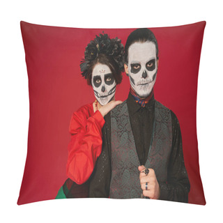 Personality  Woman In Sugar Skull Makeup And Black Wreath Leaning On Shoulder Of Spooky Man On Red, Day Of Dead Pillow Covers