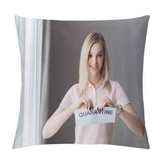 Personality  Happy Woman Ripping Paper With Quarantine Lettering  Pillow Covers