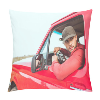 Personality  Handsome Young Man Driving Old Red Truck In Field And Looking Back Pillow Covers
