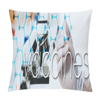 Personality  Partial View Of Biologist In Latex Gloves Holding Syringe Near Microscope, Panoramic Shot, Vaccines Illustration Pillow Covers