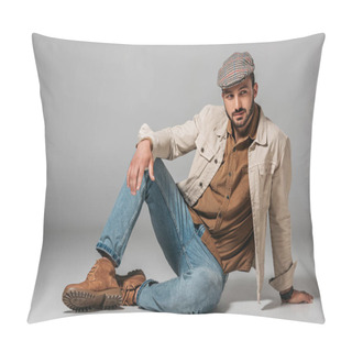 Personality  Bearded Man Posing In Corduroy Shirt, Jeans And Autumn Jacket And Tweed Cap, On Grey Pillow Covers