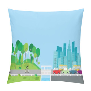 Personality  Flat Vector Design Lifestyle In Countryside With Big City Concept.  Pillow Covers
