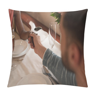 Personality  Partial View Of Interracial Couple Holding Hands While Sitting At Served Table In Private Plane Pillow Covers