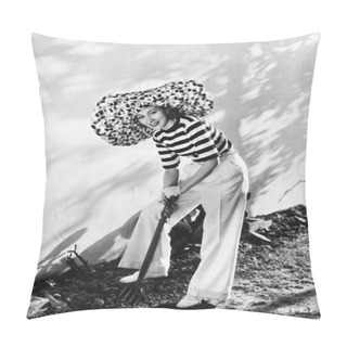 Personality  Woman With Oversized Hat Digging In The Garden Pillow Covers